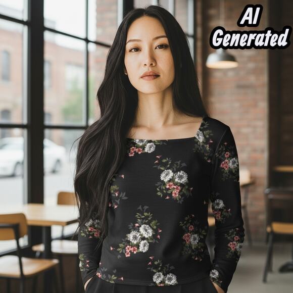 Violets & Roses (M) Square Neck Floral Long Sleeve Top Romantic Chic Feminine - Picture 6 of 10